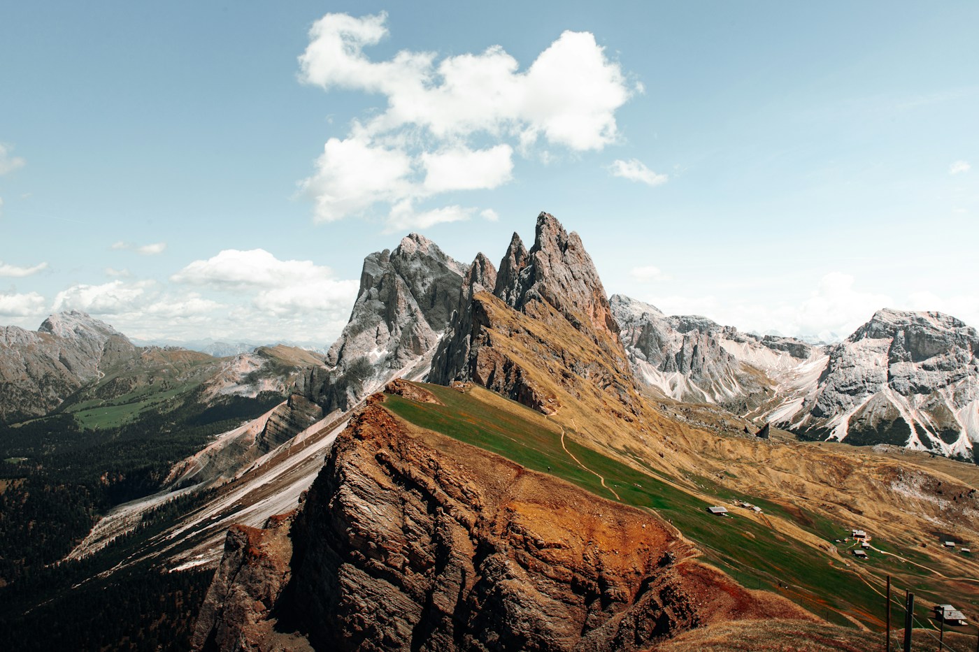 The dramatic Seceda mountain ridgeline in the Dolomites, Italy
